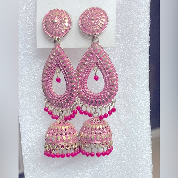Beautiful long dome shaped pink colour lightweight metal jhumka earrings - Picture 2 of 6